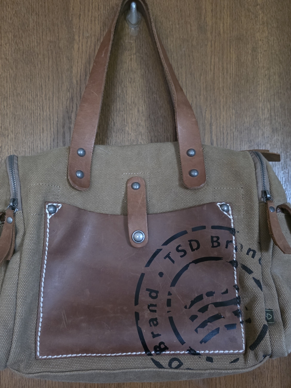 Canvas Messenger Bag with Brown Leather Front Pocket